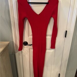 Fashion Nova Red V-Neck Long Sleeve Bodycon Dress